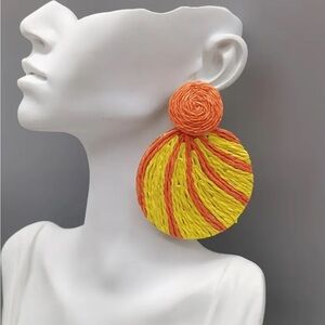 Large Round Yellow Raffia Statement Dangle Earrings